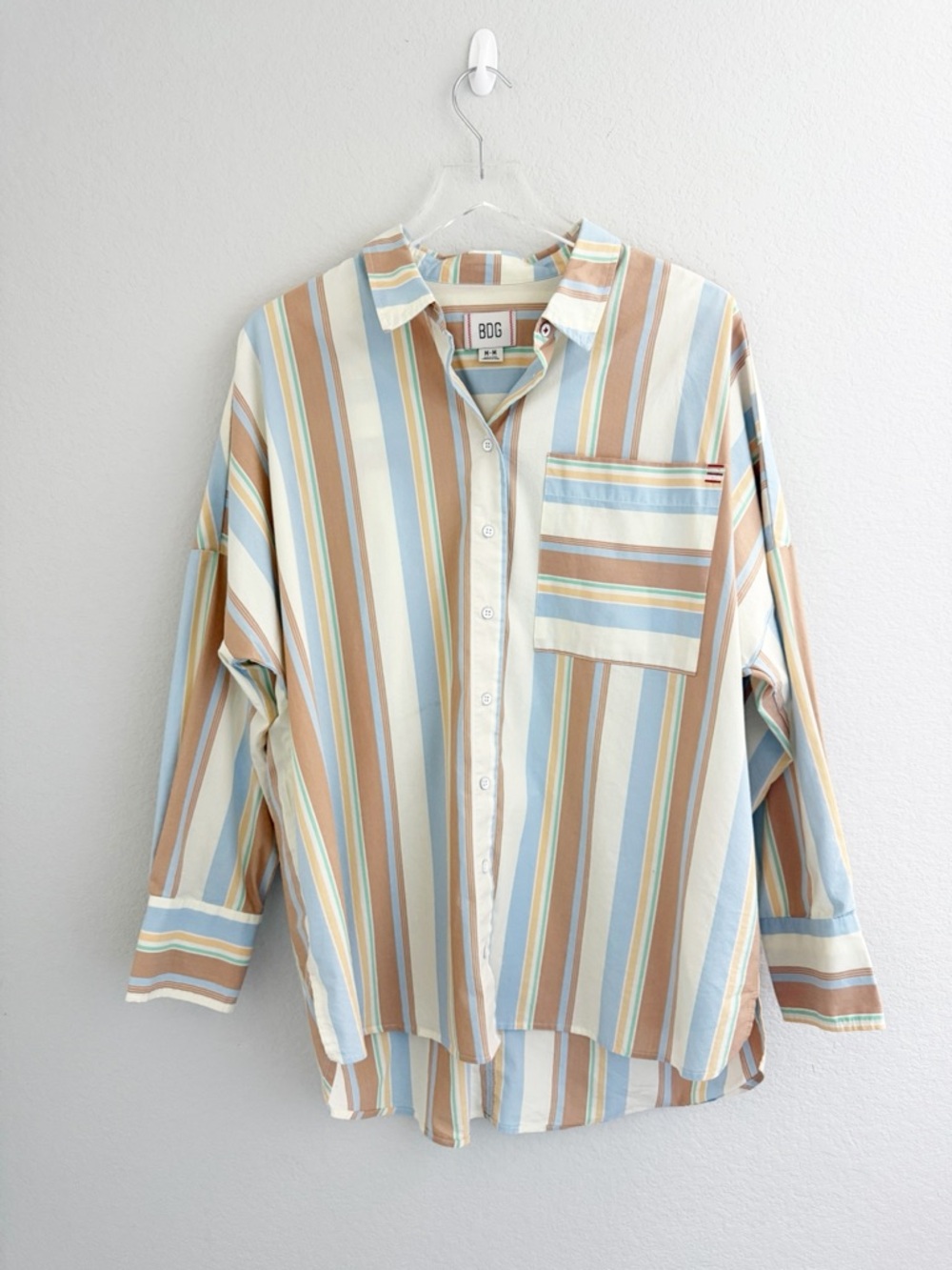 UO BDG Brown and Blue Striped Oversize Long Sleeve Button Down Shirt With Pocket